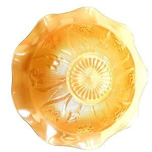 Jeanette Glass Iris & Herringbone Ruffled Edge Iridescent Depression Glass Bowl.